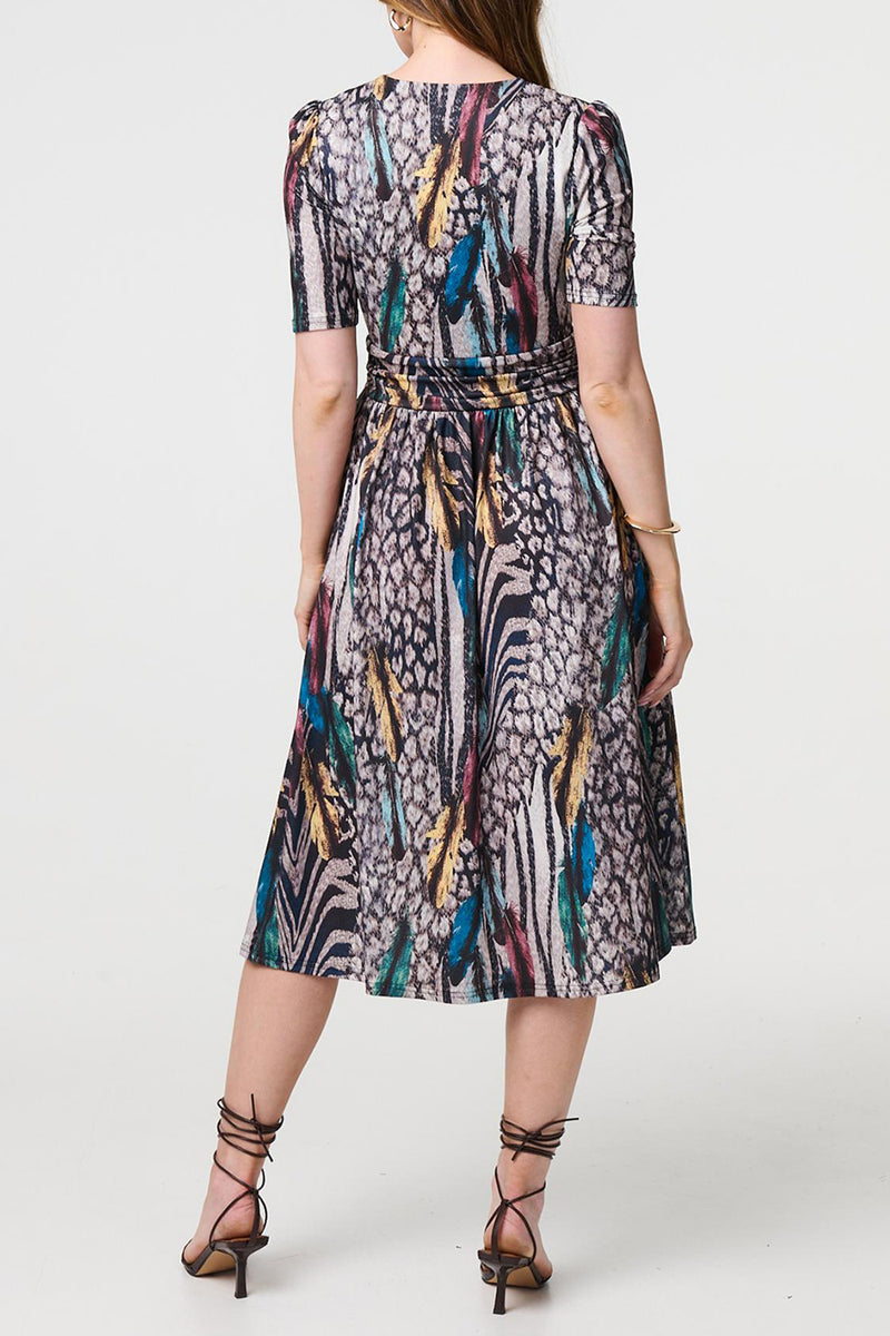 MULTI BEIGE | Animal Print Faux Wrap Ruched Midi Dress