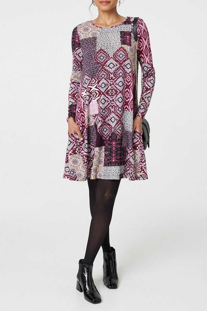 MULTI PINK | Patchwork Long Sleeve Swing Dress