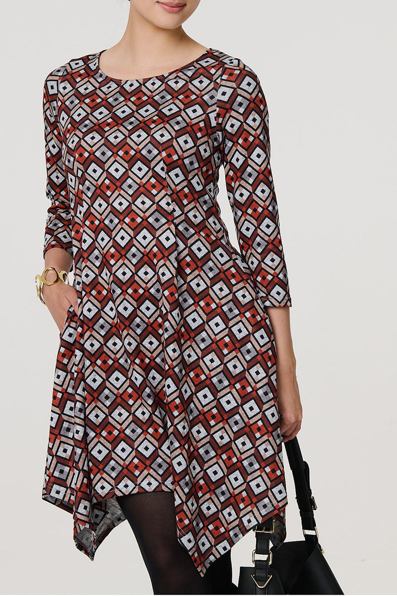 ORANGE | Geo Print Hanky Hem 3/4 Sleeve Midi Dress