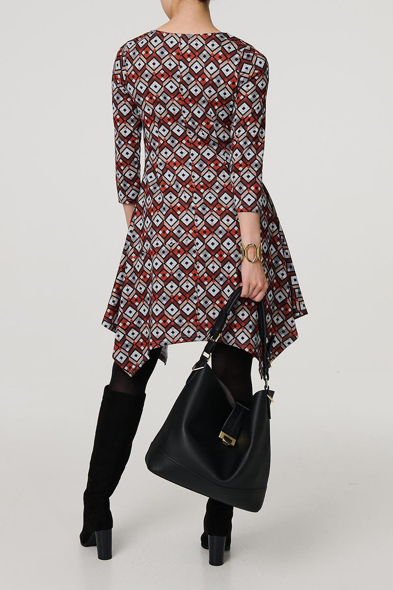 ORANGE | Geo Print Hanky Hem 3/4 Sleeve Midi Dress
