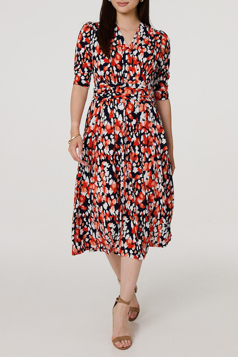 ORANGE | Printed 1/2 Sleeve Wrap Front Midi Dress