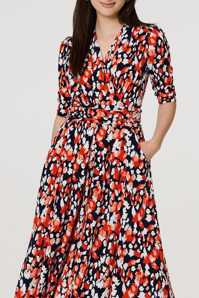 ORANGE | Printed 1/2 Sleeve Wrap Front Midi Dress