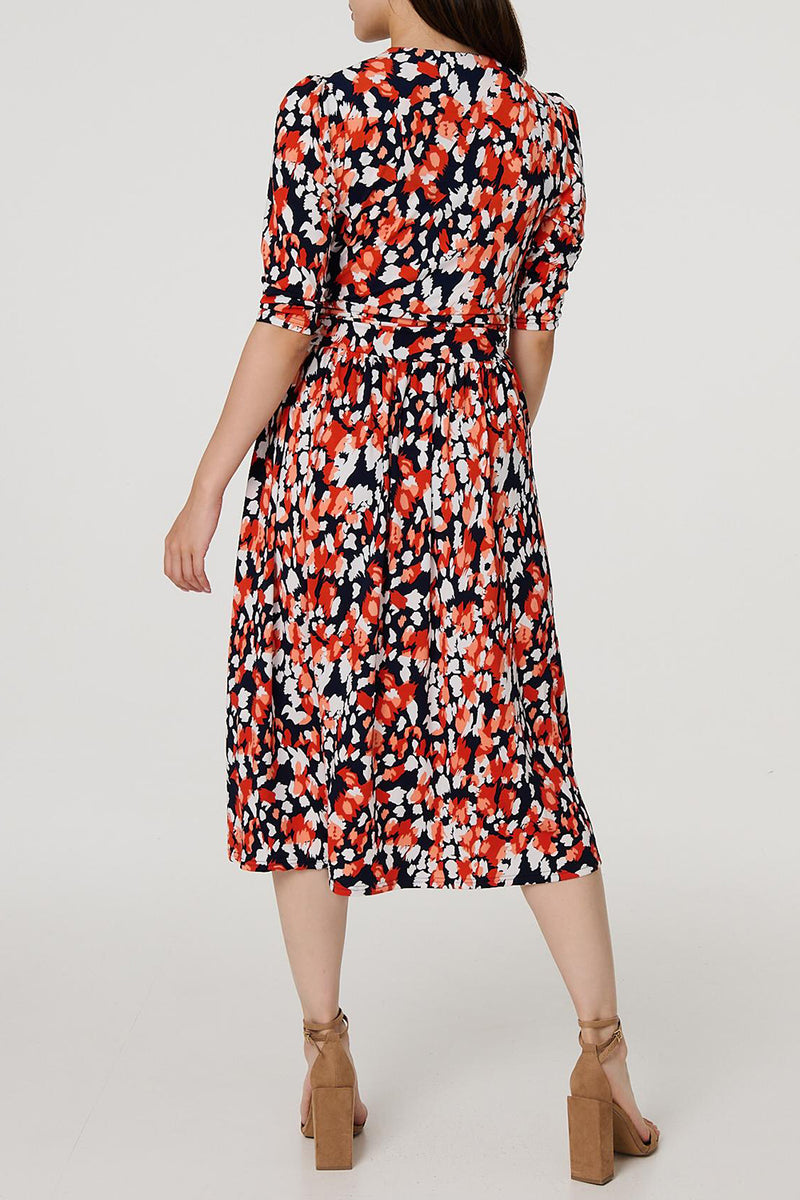 ORANGE | Printed 1/2 Sleeve Wrap Front Midi Dress