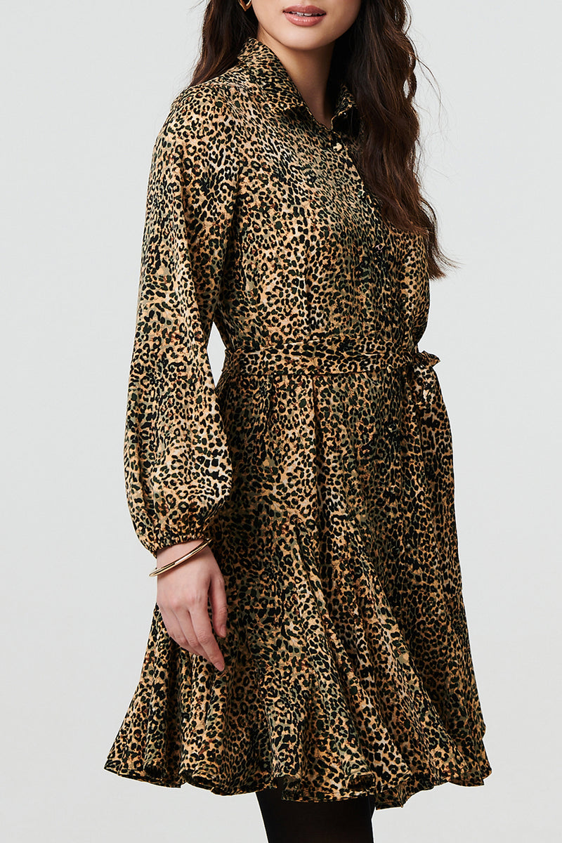 GREEN | Animal Print Tie Waist Ruffle Mini Dress