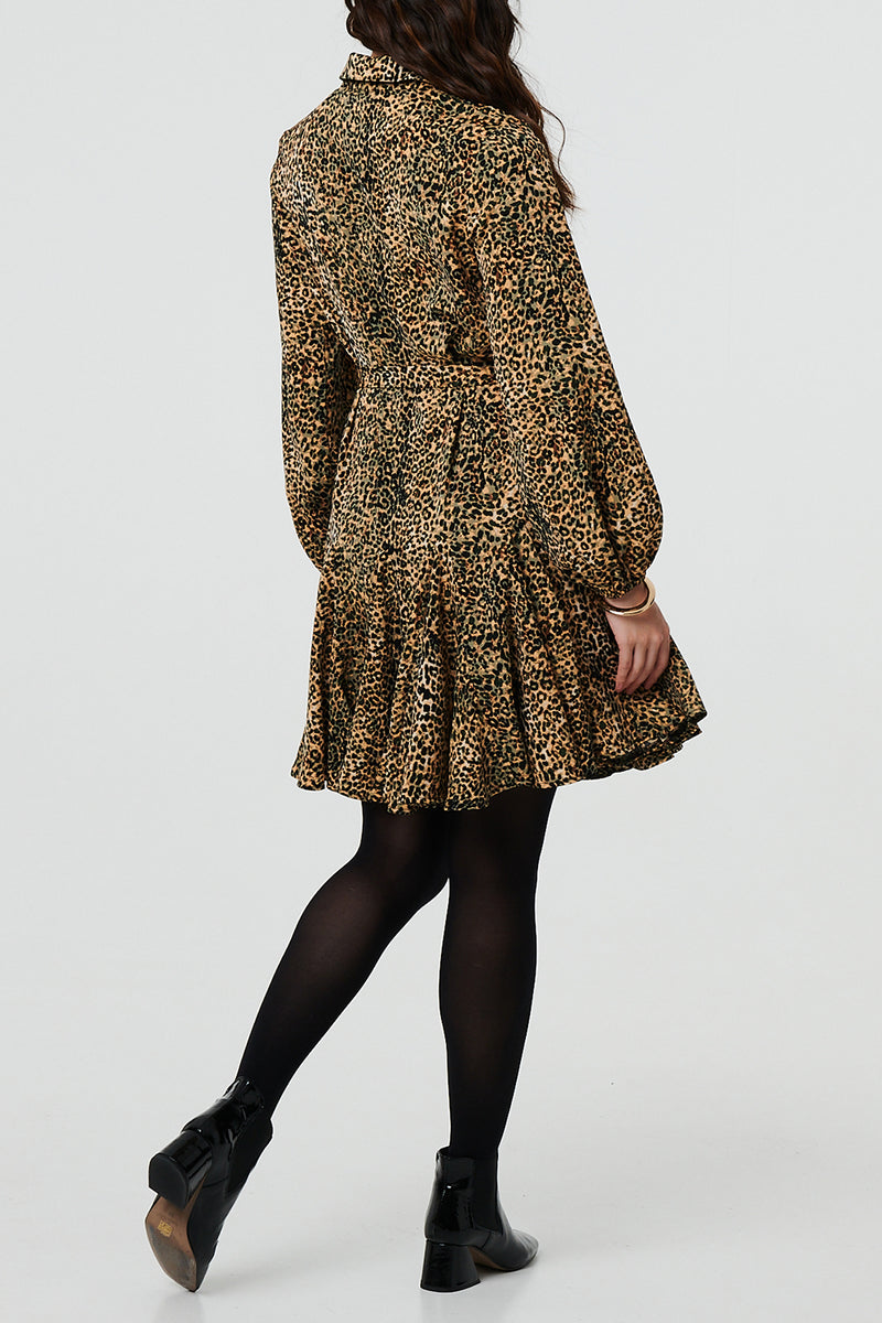 GREEN | Animal Print Tie Waist Ruffle Mini Dress