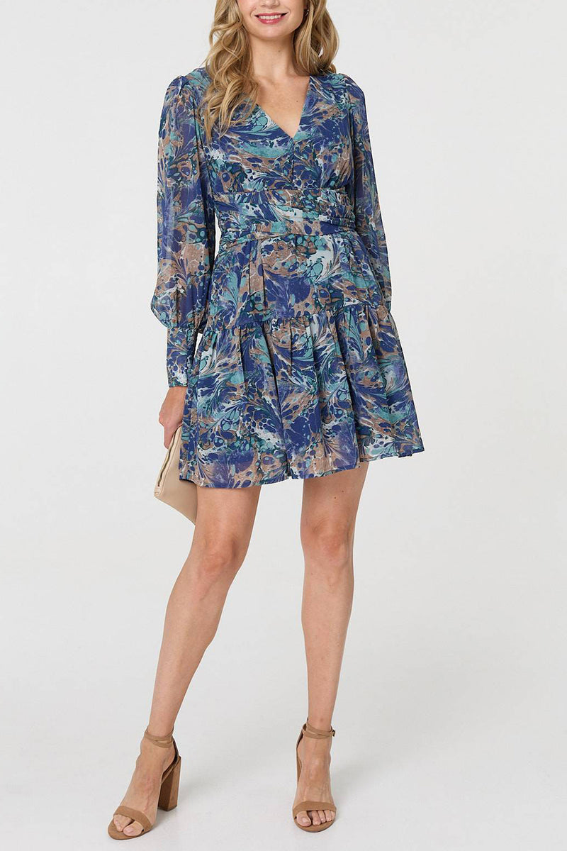 BLUE | Printed Long Sleeve Pleated Short Dress