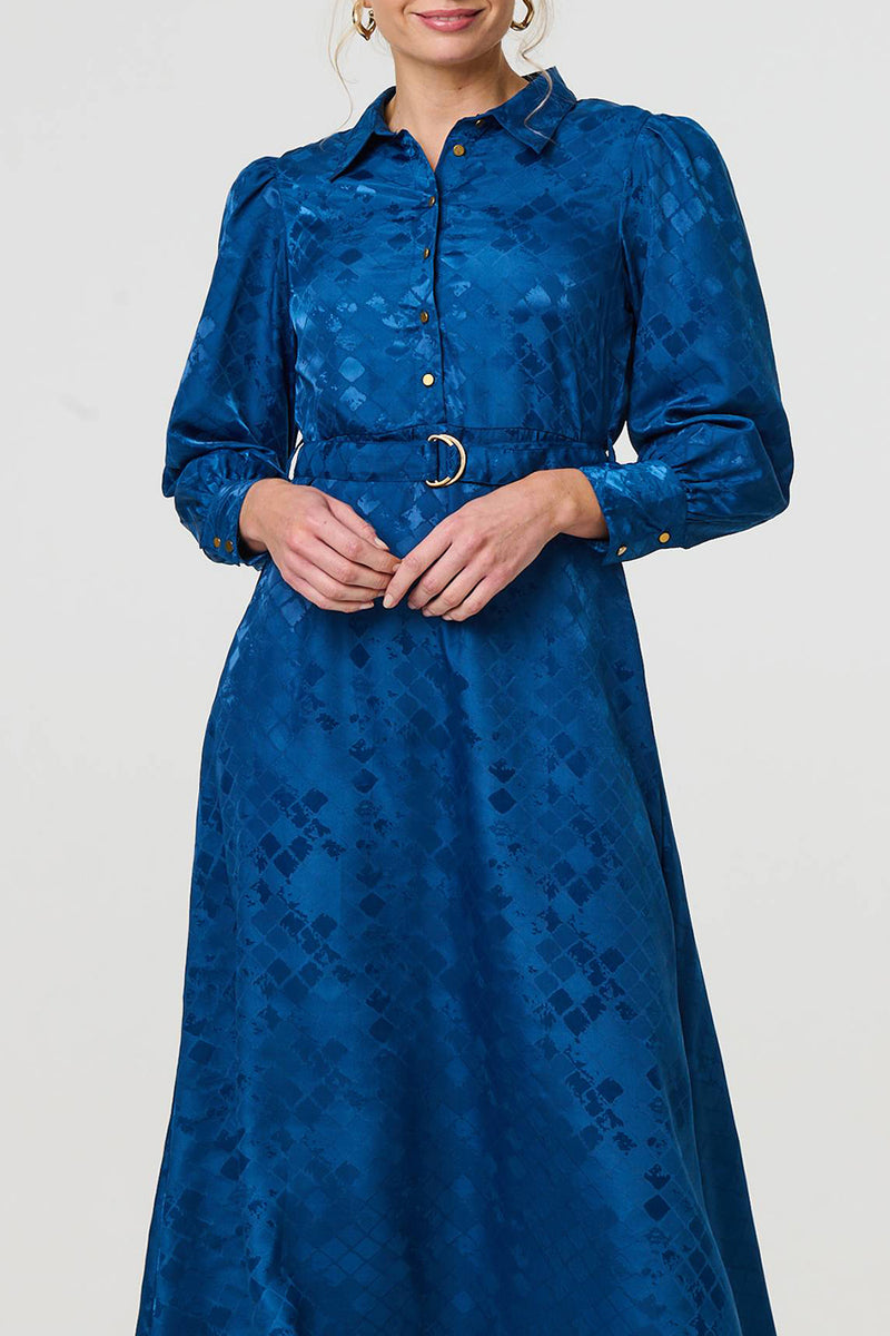 BLUE | Metallic Print Belted Maxi Shirt Dress