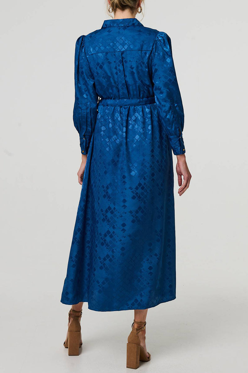 BLUE | Metallic Print Belted Maxi Shirt Dress