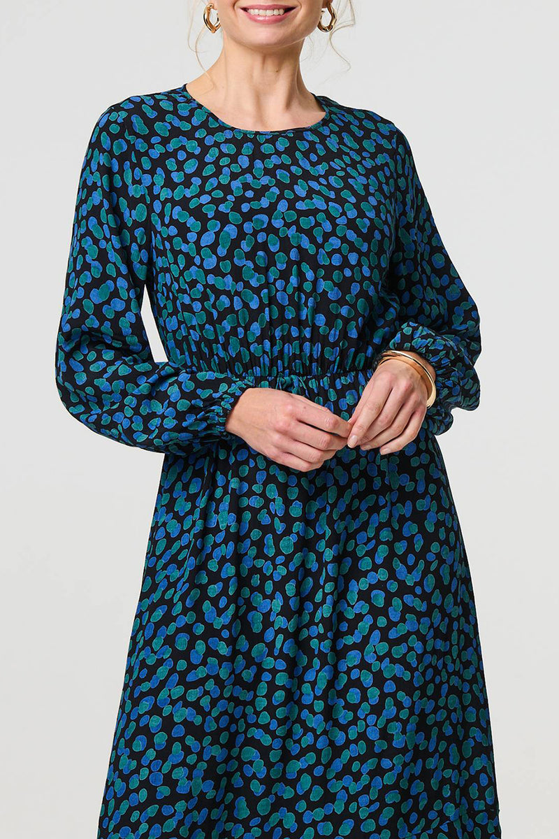 MULTI GREEN | Printed Long Sleeve Ruffled Midi Dress