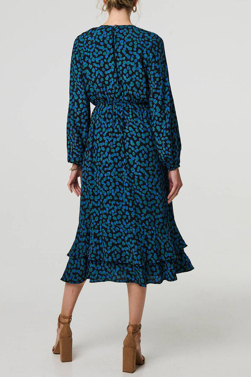 MULTI GREEN | Printed Long Sleeve Ruffled Midi Dress