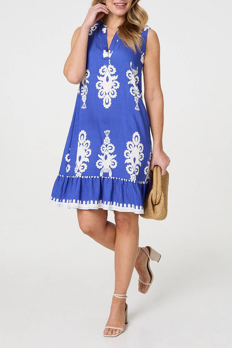 BLUE | Ikat Print Sleeveless Short Shift Dress