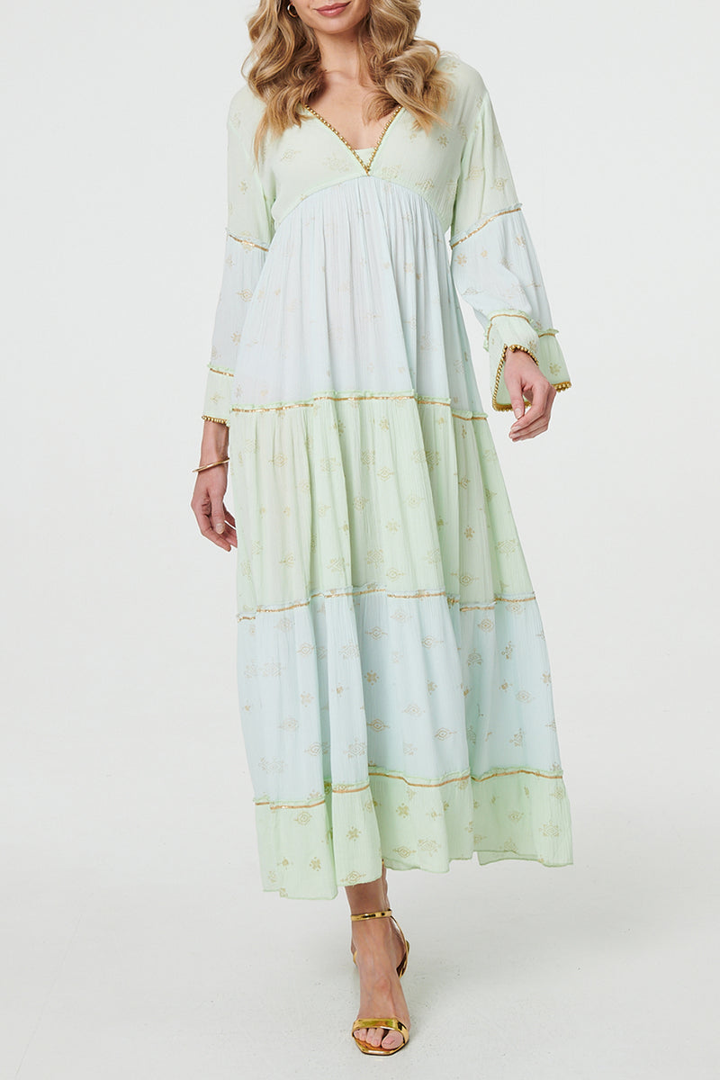 MULTIGREEN | Metallic Embellished Tiered Maxi Dress