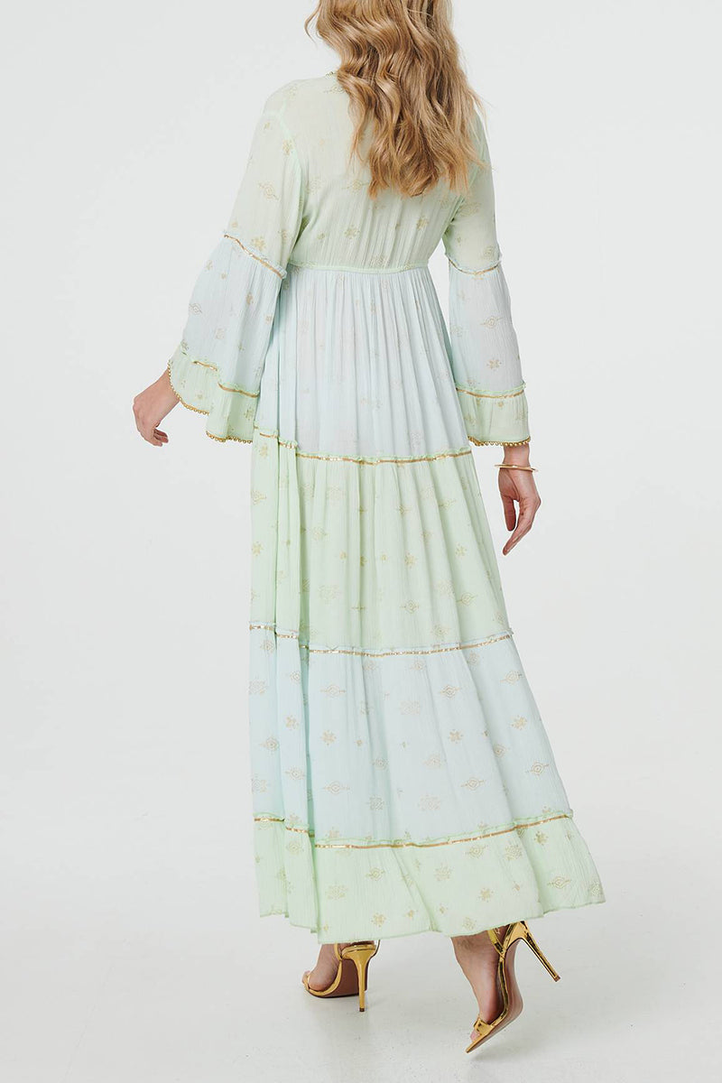 MULTIGREEN | Metallic Embellished Tiered Maxi Dress