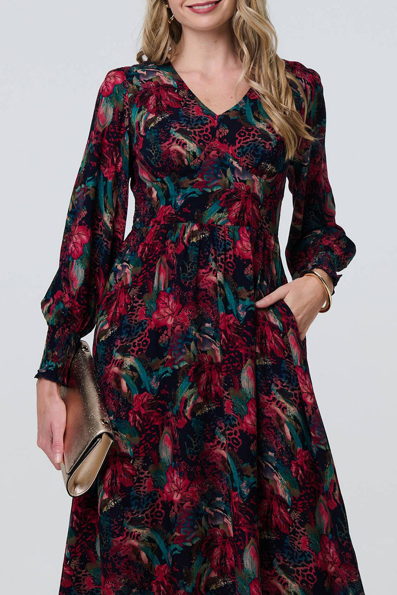 RED | Printed Long Puff Sleeve Midi Dress