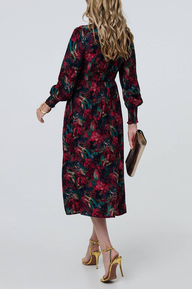 RED | Printed Long Puff Sleeve Midi Dress