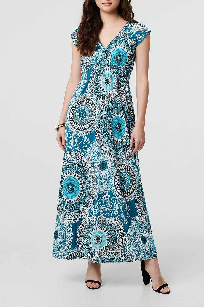 GREEN | Mosaic Print Cap Sleeve Maxi Dress