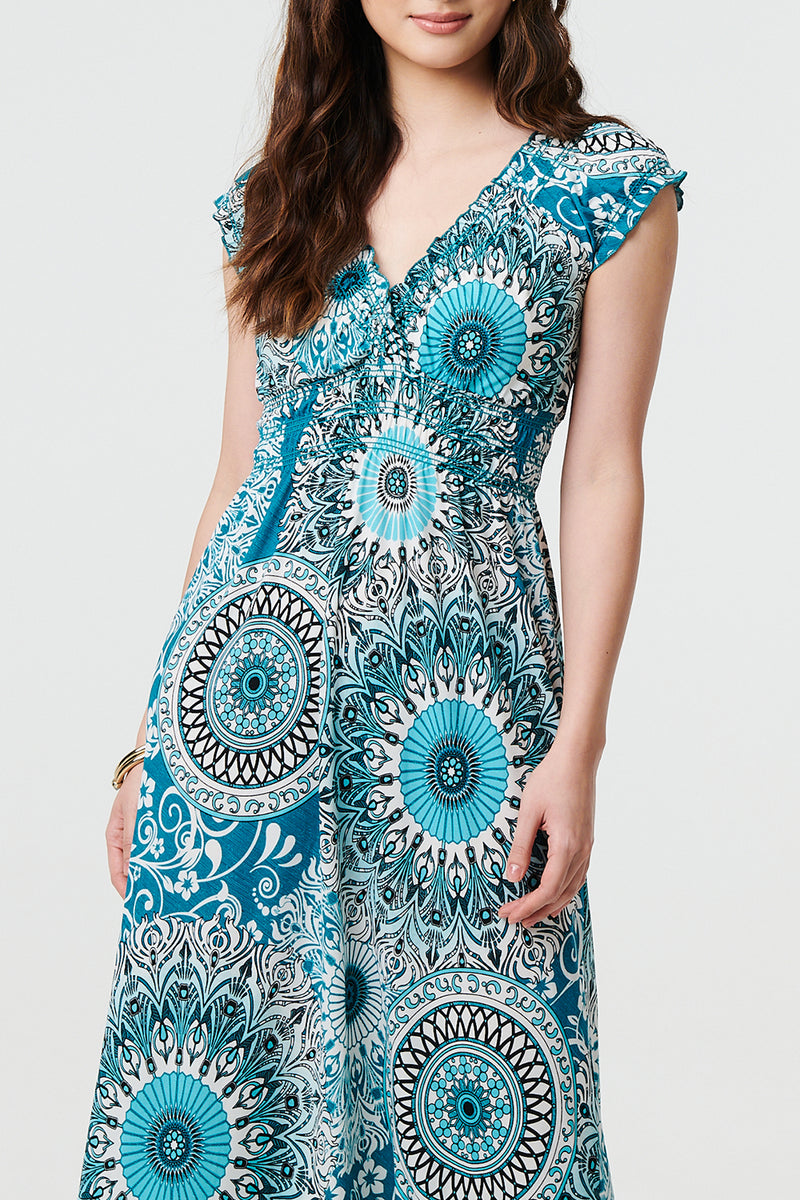 GREEN | Mosaic Print Cap Sleeve Maxi Dress