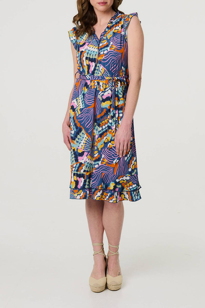 MULTI | Abstract Frill Trim Knee Length Dress