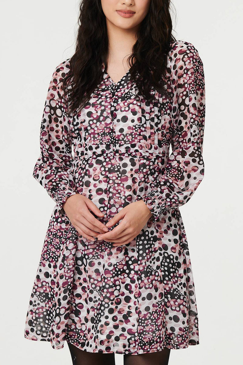 MULTI PINK | Printed Long Sleeve Ruched Short Dress