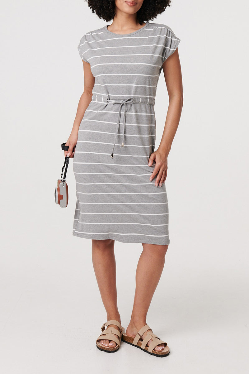 GREY | Striped Relaxed Knee Length Dress