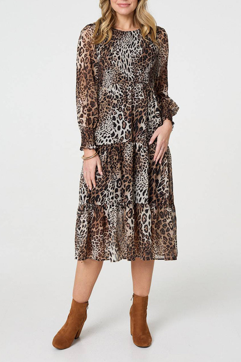 MULTI BEIGE | Animal Print Tiered Midi Smocked Dress