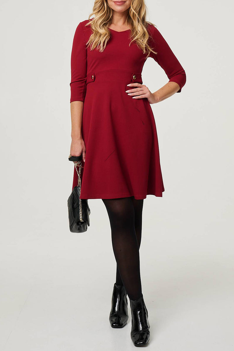RED | Button Detail Knee Length Skater Dress