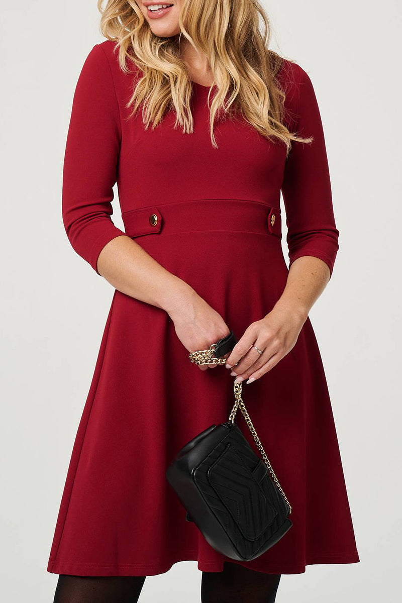 RED | Button Detail Knee Length Skater Dress