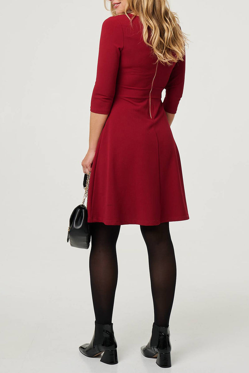RED | Button Detail Knee Length Skater Dress