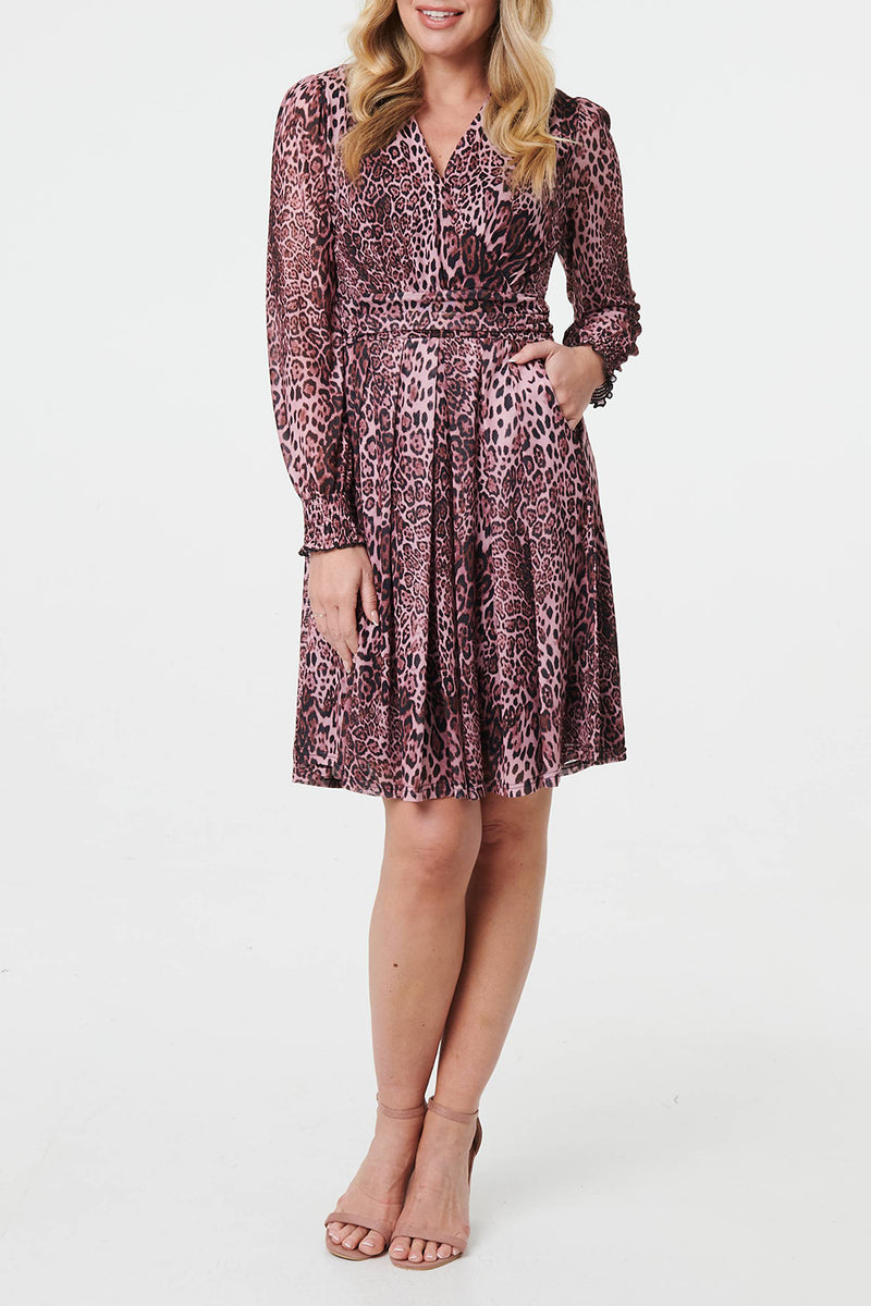 MULTI PINK | Animal Print Pleated Knee Length Dress