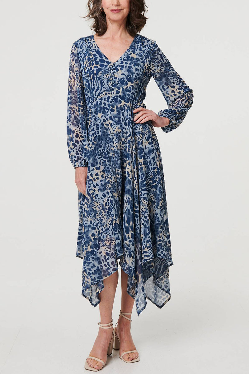 BLUE | Animal Print Hanky Hem Smock Maxi Dress