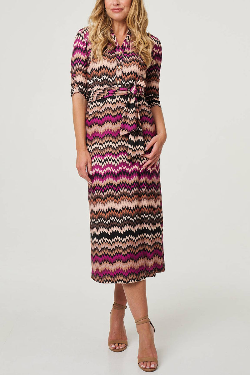 MULTI PURPLE | Chevron Print Tie Waist Midi Shirt Dress