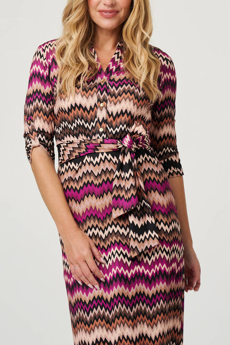MULTI PURPLE | Chevron Print Tie Waist Midi Shirt Dress