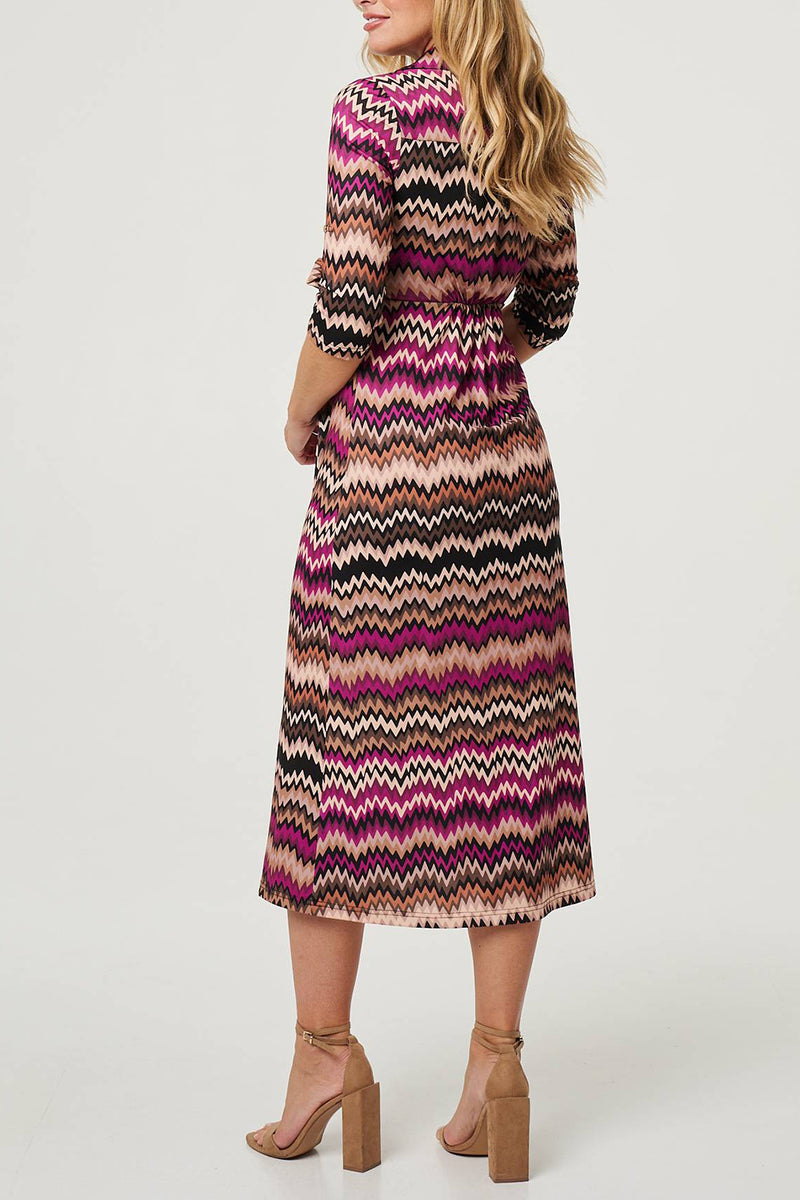 MULTI PURPLE | Chevron Print Tie Waist Midi Shirt Dress