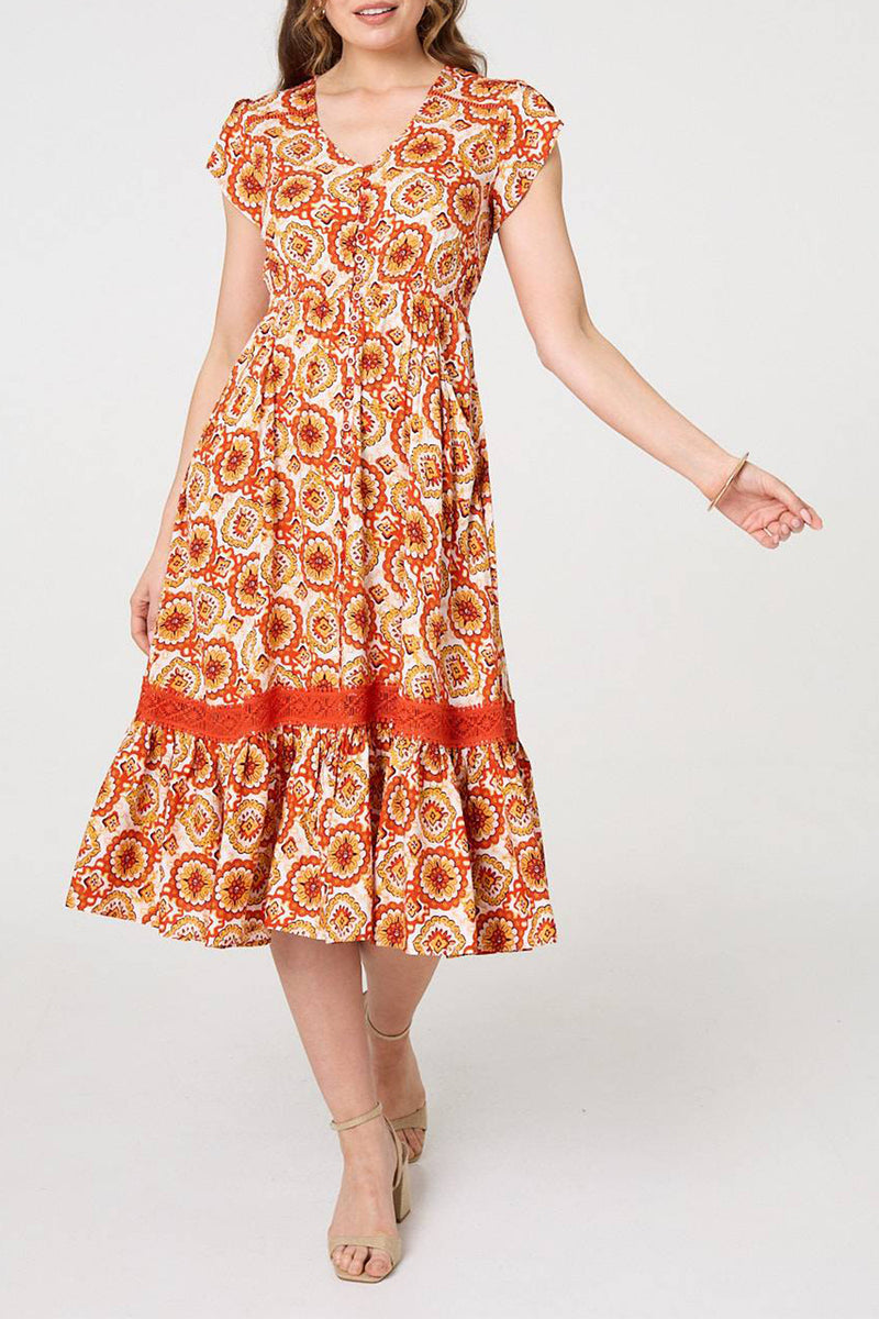 ORANGE | Printed Cap Sleeve Lace Trim Midi Dress