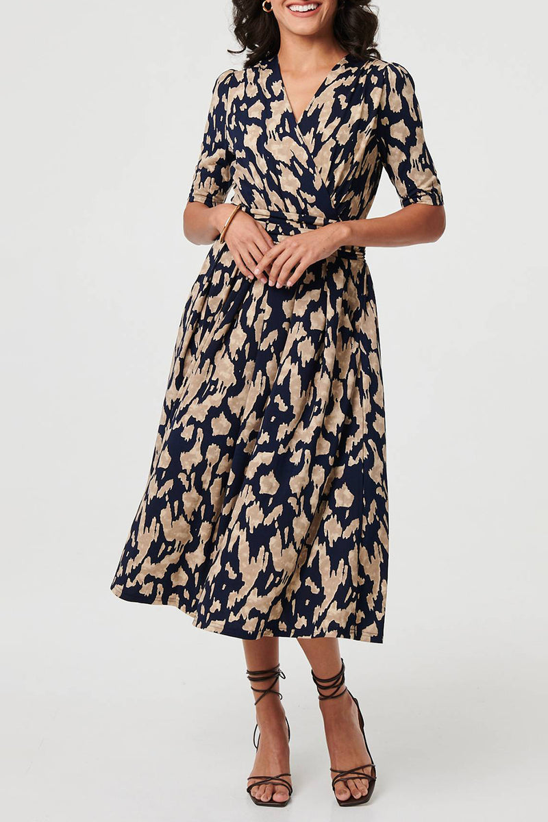 NAVY | Printed Faux Wrap 1/2 Sleeve Midi Dress