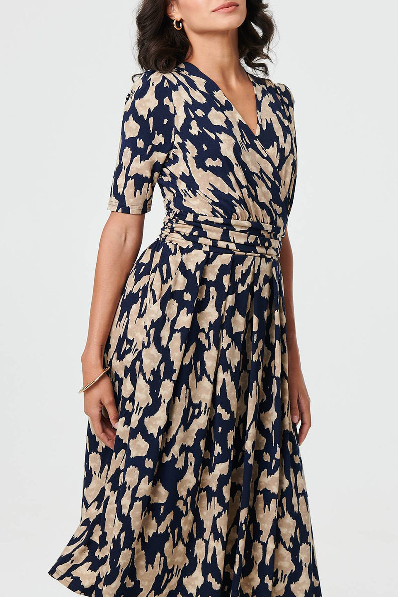 NAVY | Printed Faux Wrap 1/2 Sleeve Midi Dress