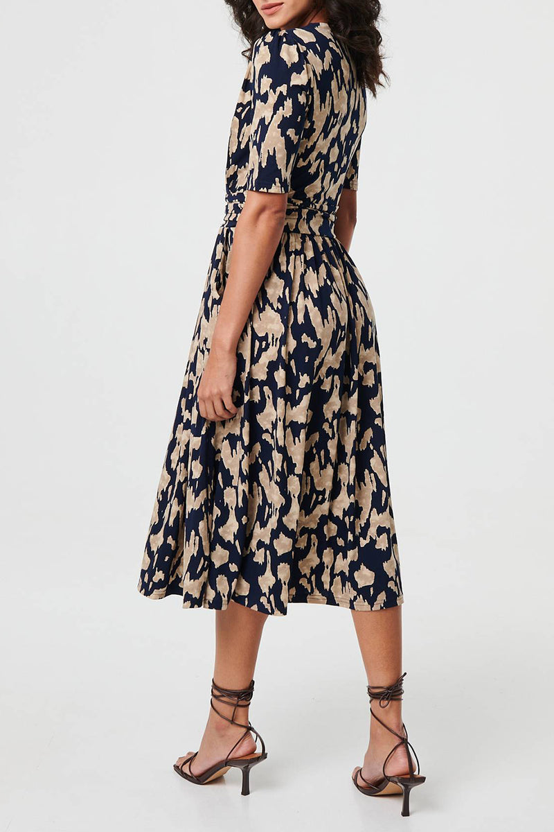 NAVY | Printed Faux Wrap 1/2 Sleeve Midi Dress