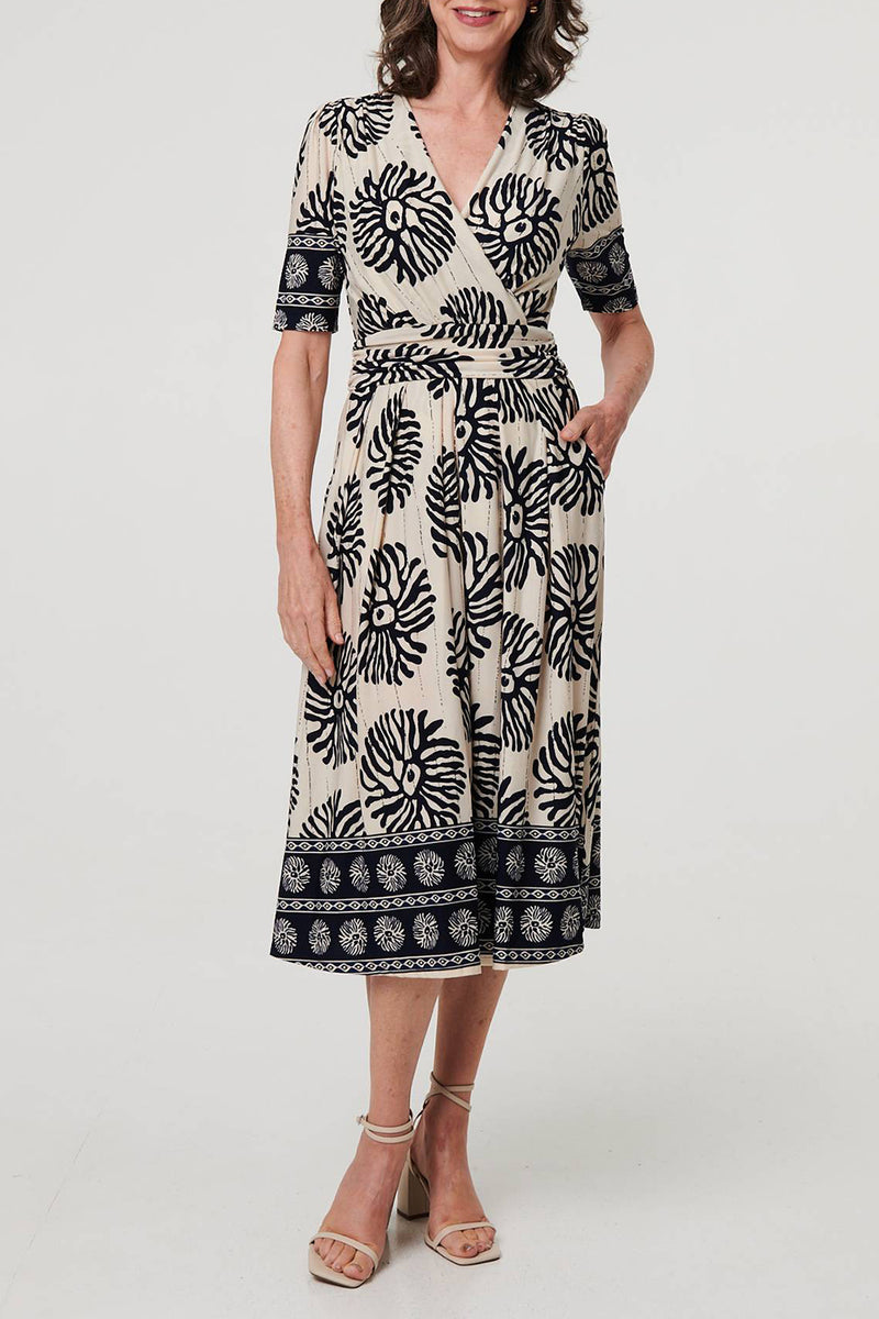 MULTI NAVY | Printed Faux Wrap Front Midi Dress