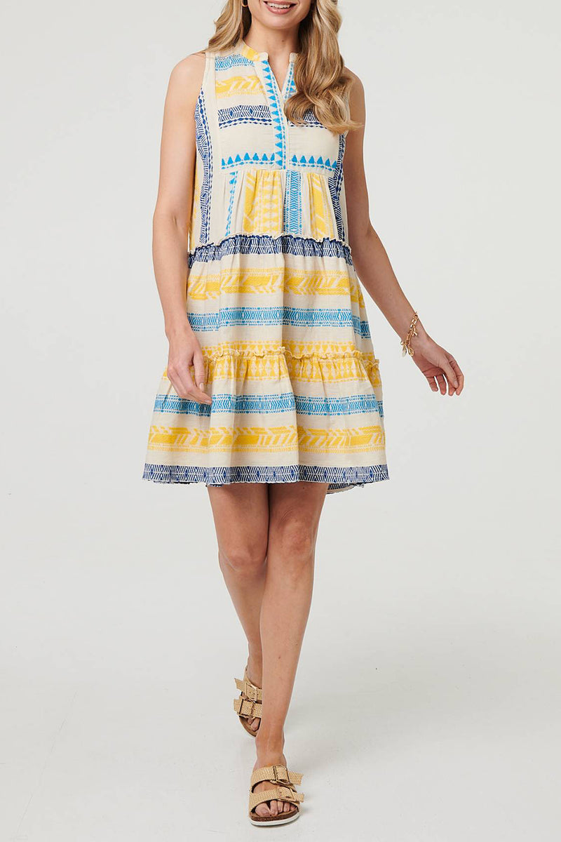 BLUE | Printed Sleeveless Tiered Short Dress