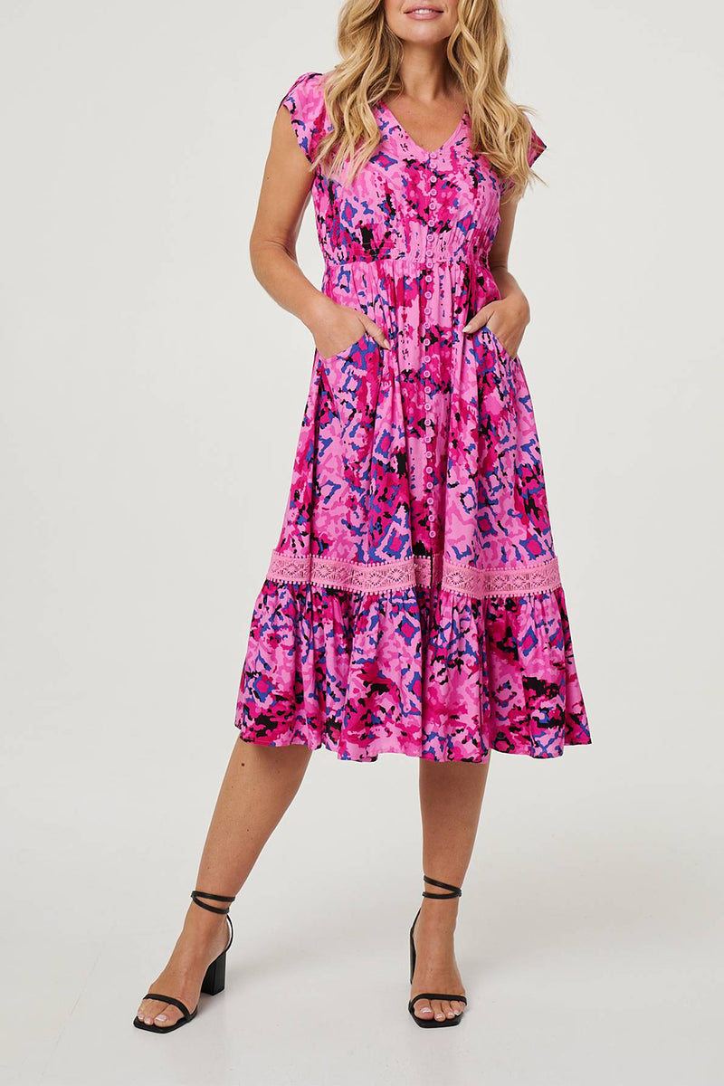 PINK | Printed Lace Cap Sleeve Midi Dress