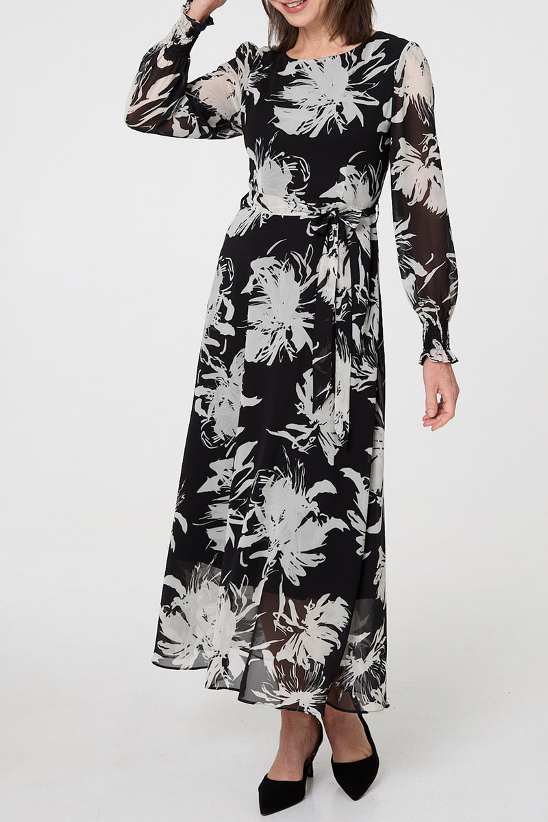 MULTI BLACK | Floral Semi Sheer Tie Waist Maxi Dress