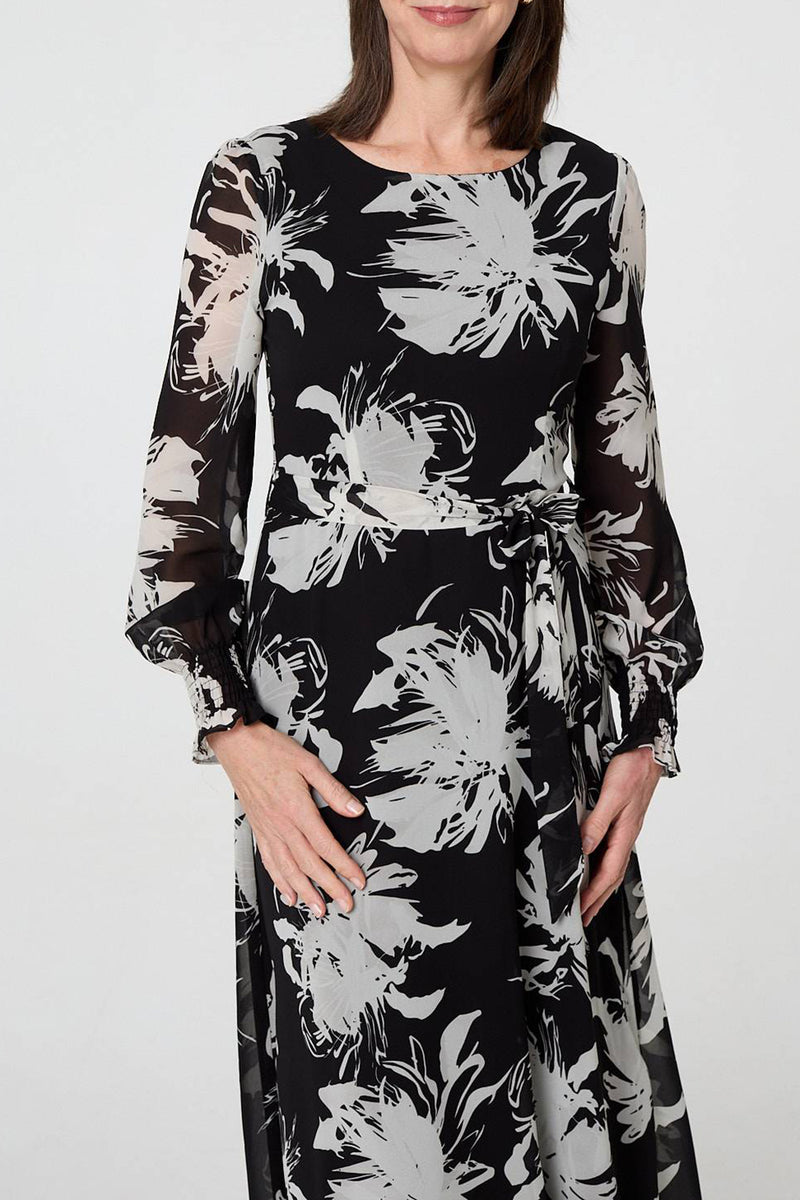MULTI BLACK | Floral Semi Sheer Tie Waist Maxi Dress