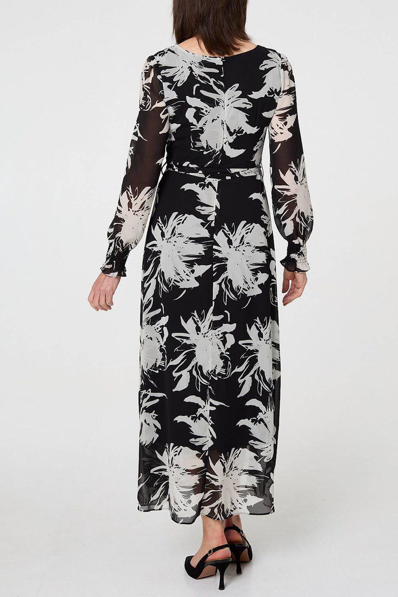 MULTI BLACK | Floral Semi Sheer Tie Waist Maxi Dress