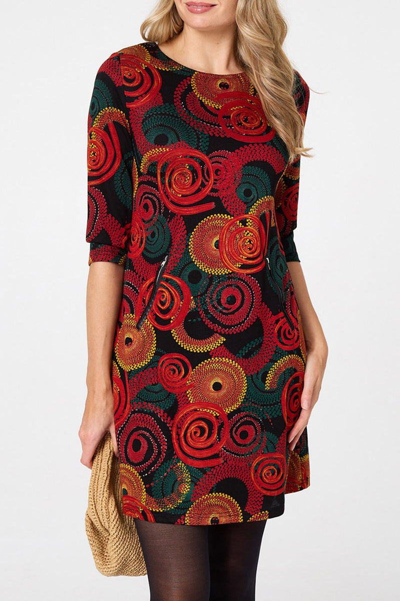 ORANGE | Abstract 3/4 Sleeve Short Shift Dress