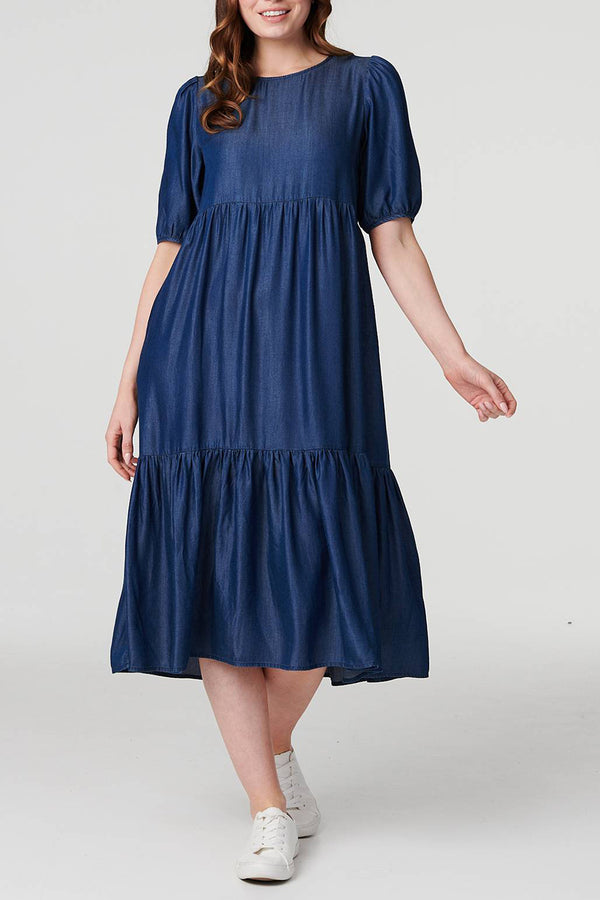 DENIM BLUE | 1/2 Puff Sleeve Tiered Midi Dress