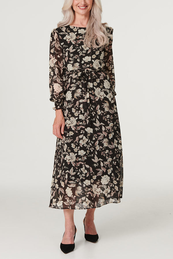 Black | Floral Semi Sheer Maxi Tea Dress