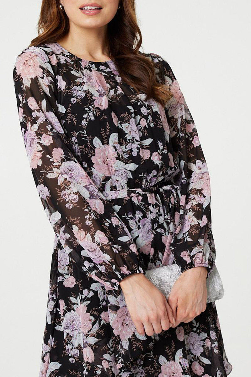 BLACK | Floral Layered Semi Sheer Wrap Midi Dress