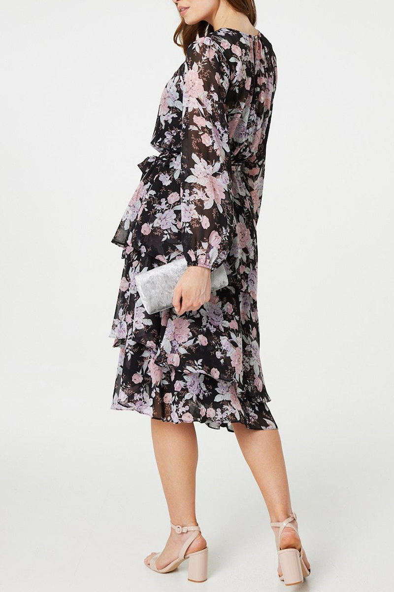 BLACK | Floral Layered Semi Sheer Wrap Midi Dress
