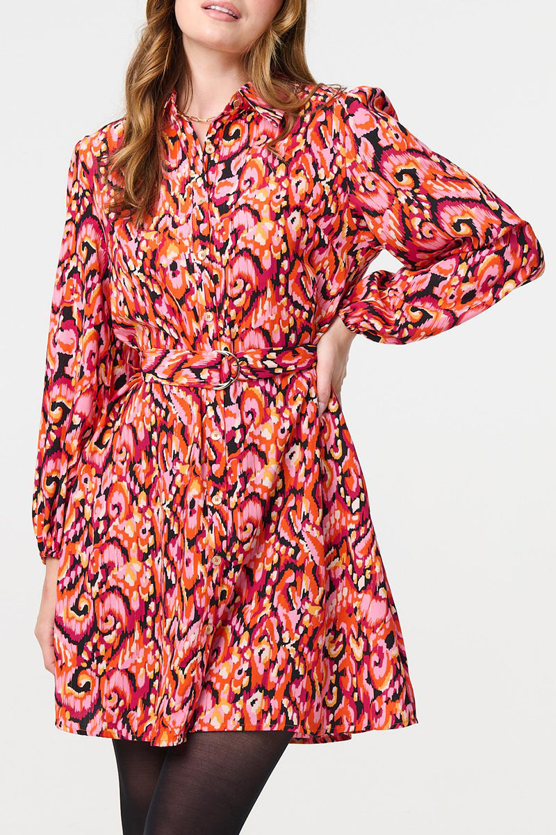MULTI PINK | Printed Belt Detail Mini Shirt Dress
