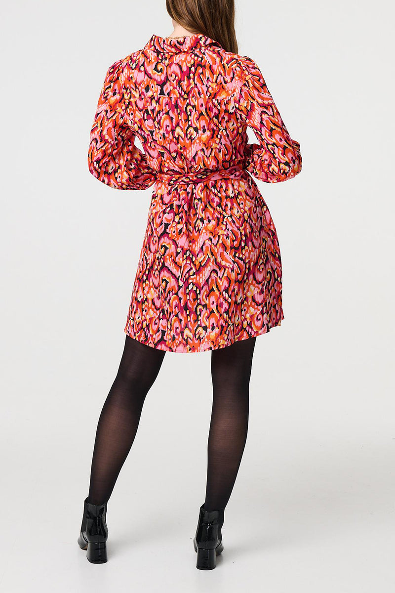 MULTI PINK | Printed Belt Detail Mini Shirt Dress